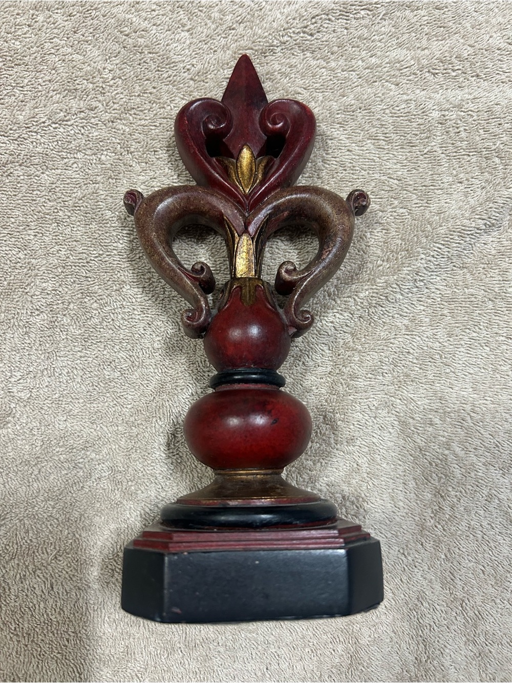 Fleur-de-lis Finial Statue in Burgundy with Gold Accents Home Decor 9.5” tall